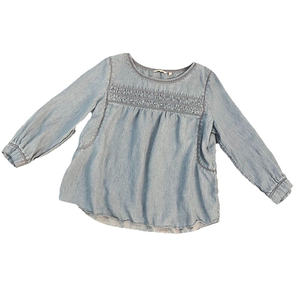 Soft Surroundings Women’s Chambray Top‎ Large Linen Blend Embroidered